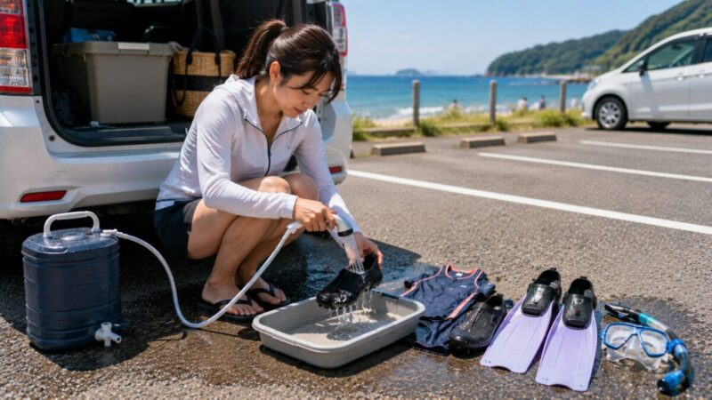 駐車場で周囲に配慮しながらトレーの上でマリンシューズを洗う女性
