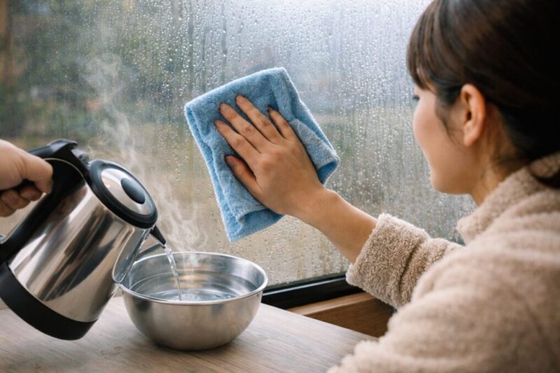 結露した窓をクロスで拭きながら家庭用品で対策している様子