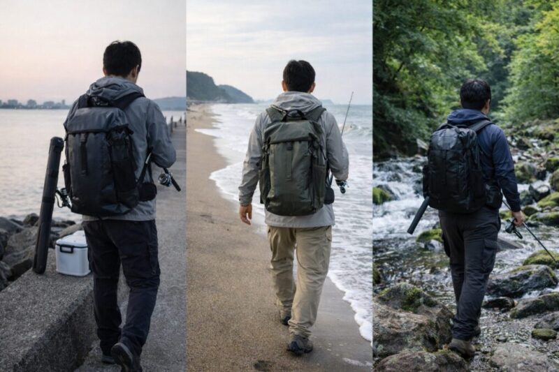 堤防やサーフや渓流で異なる釣りスタイルに合わせてリュックを選ぶイメージ