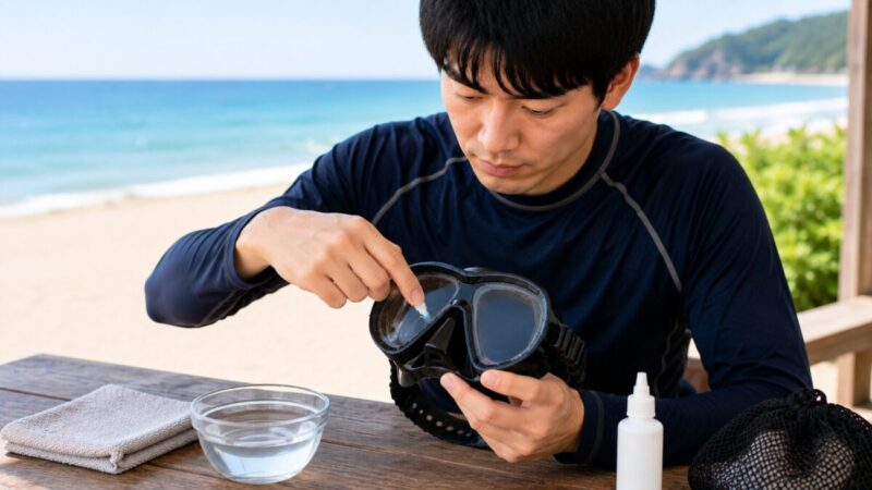 海へ入る前にシュノーケリングマスクの内側へ曇り止めを薄く広げる男性