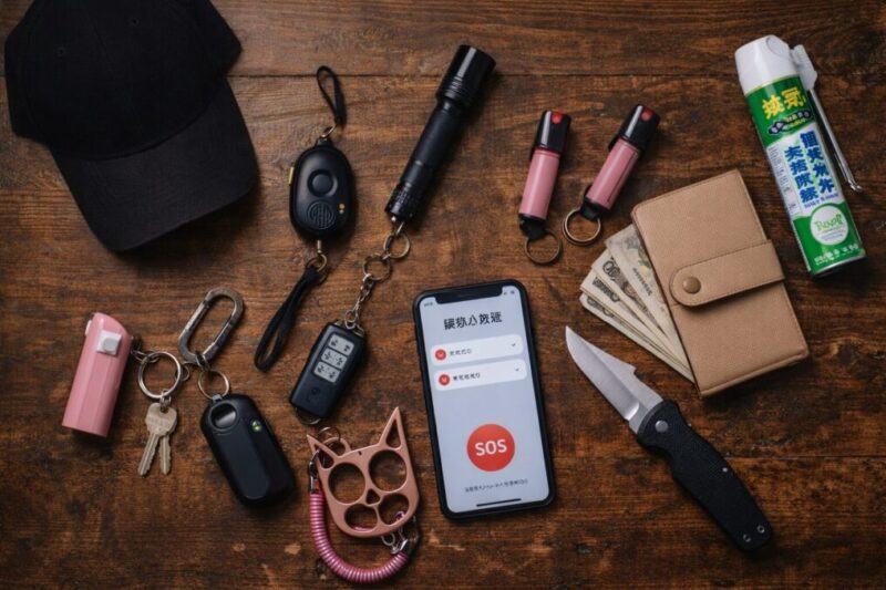 ヘッドライトやブザー、ワイヤーロック、モバイルバッテリーなど、夜間の安心に役立つ小物をテーブルに整然と並べた様子