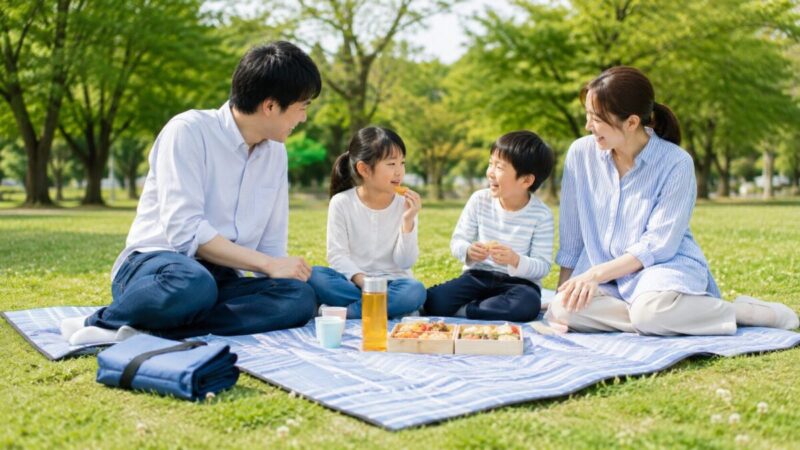 公園でコンパクトなレジャーシートを広げてピクニックを楽しむ家族の様子