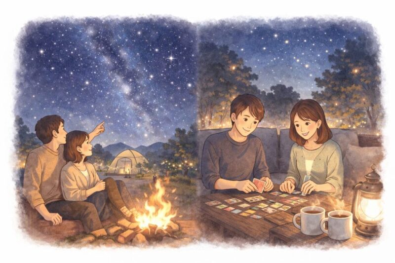 グランピングの夜に焚き火や星空を楽しむ落ち着いた時間