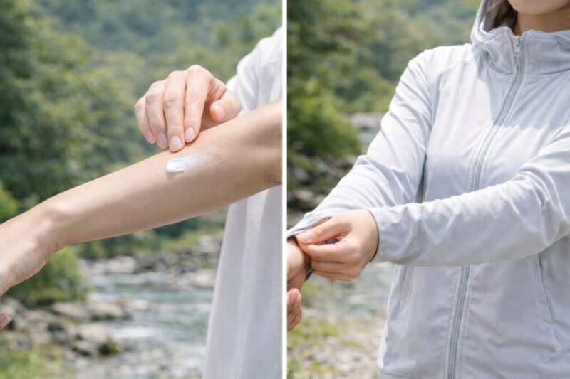 日焼け止めを指で少量塗り広げ始める腕と、長袖で覆った腕を並べて比較している様子