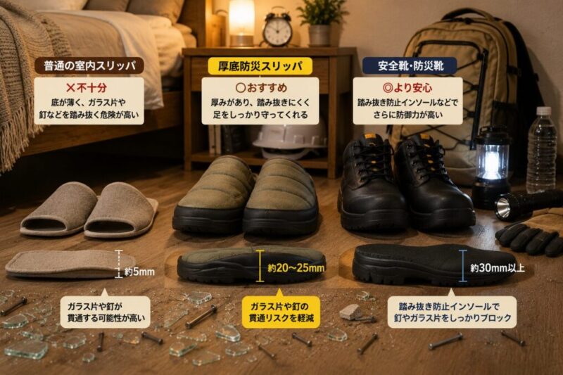 薄い室内スリッパと厚底防災スリッパ、安全靴を並べて足元の防災対策を比較したイメージ