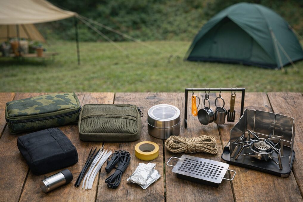 芝生のキャンプサイトで、木製テーブルの上に収納ポーチや小型の調理小物を整然と並べたフラットレイのイメージ