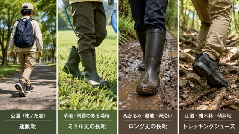 公園・草地・ぬかるみ・山道で使い分ける運動靴・長靴・トレッキングシューズ