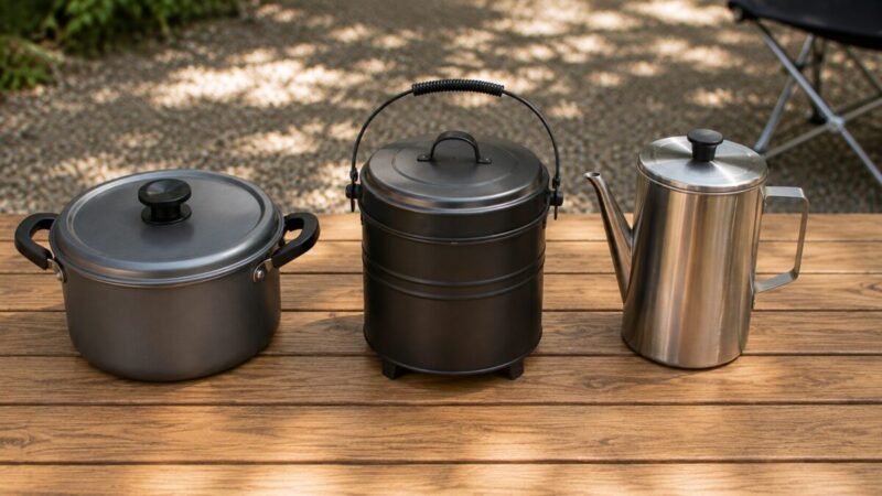 家庭用鍋、火消し壺、オイルポットを並べた炭の片付け容器の比較イメージ