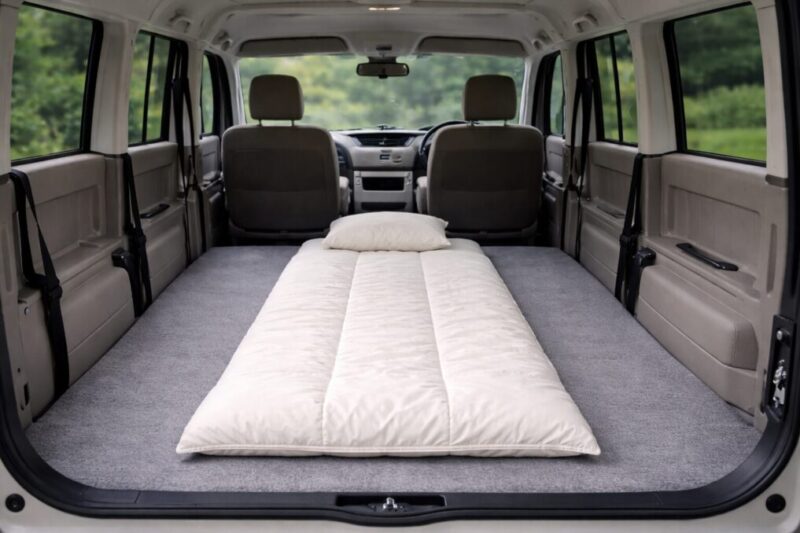 家庭用寝具を車中泊に流用しているイメージ