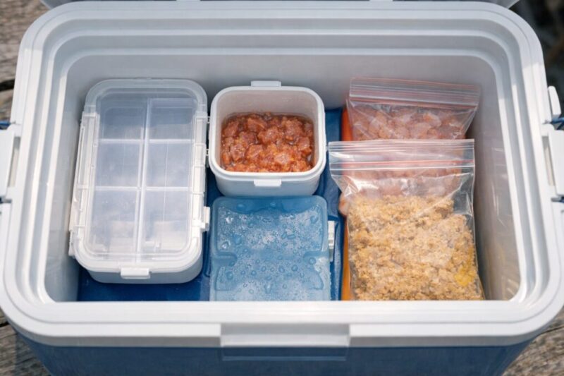 マリンボックス系の餌入れに予備エサと保冷剤を整理収納した例