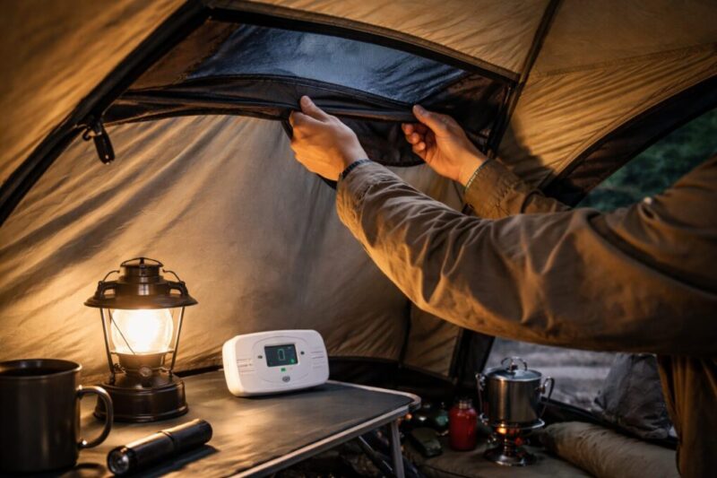 テント内で換気口を開けて空気を通し、ランタンの明かりの下で安全確認をしている様子