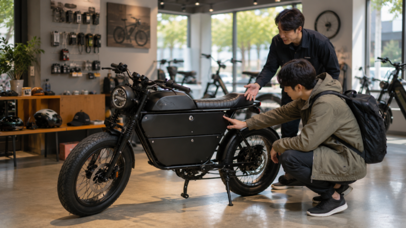 XENIS風Eバイクを販売店でスタッフと確認する購入検討者