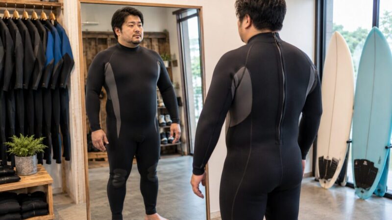 体のラインを自然に整えるウェットスーツのフィット感を鏡で確認する男性