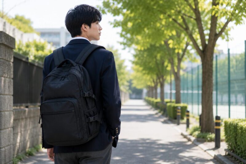 男子学生が黒のシンプルな大容量リュックを背負って通学路を歩く様子