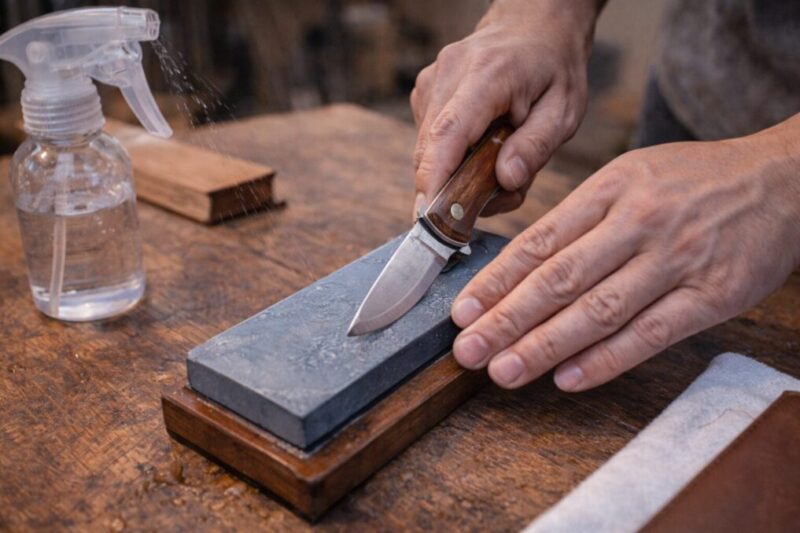 作業台で砥石を使い、一定の角度を保ちながら折りたたみナイフを研いでいる手元のイメージ