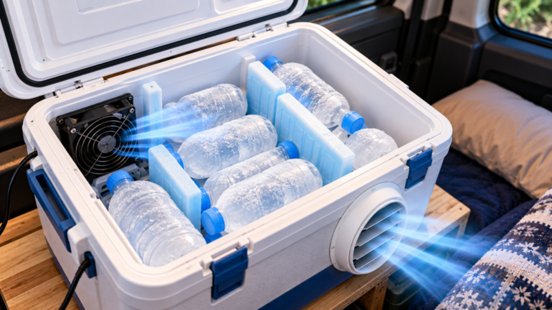 自作クーラー内部に凍結ペットボトルと保冷剤を間隔を空けて配置しファンで冷気を送る様子