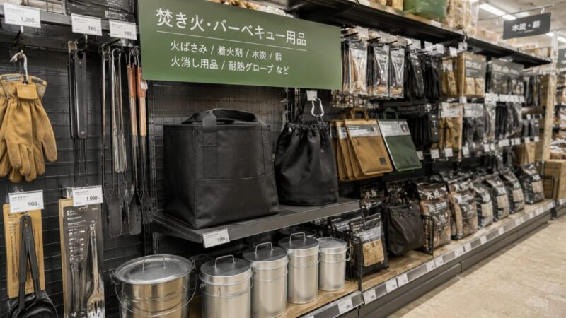 木炭や薪、火ばさみ、耐熱グローブ、火消し用品が並ぶホームセンターのアウトドア用品売り場。