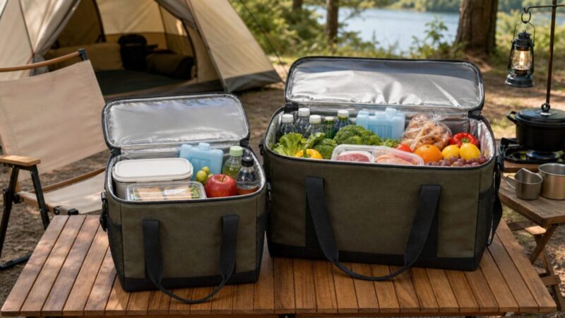 MサイズとLサイズの保冷バッグをキャンプ用の食材量で比較するイメージ