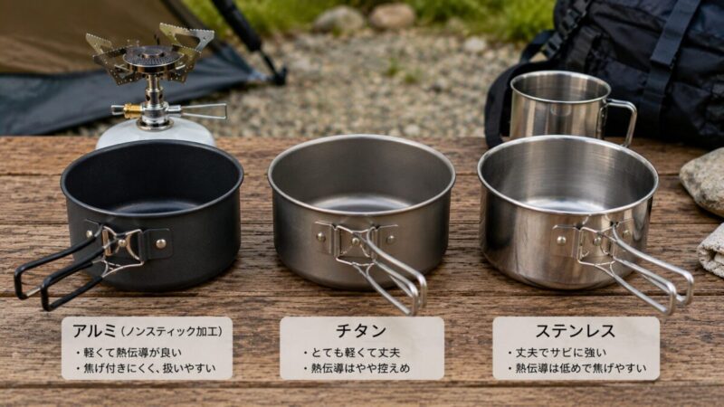 アルミ風、チタン風、ステンレス風のクッカーをキャンプ道具と並べた比較シーン