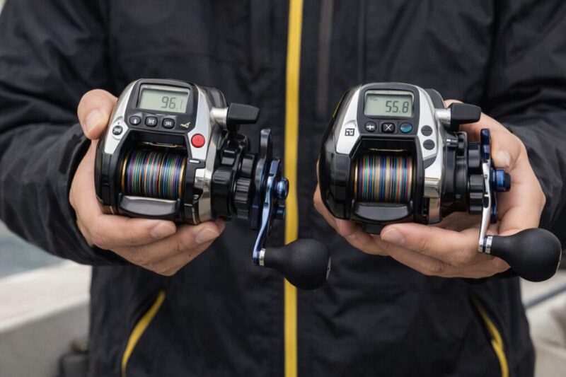 2台の電動リールを手に持って入門向けの違いを比べるイメージ