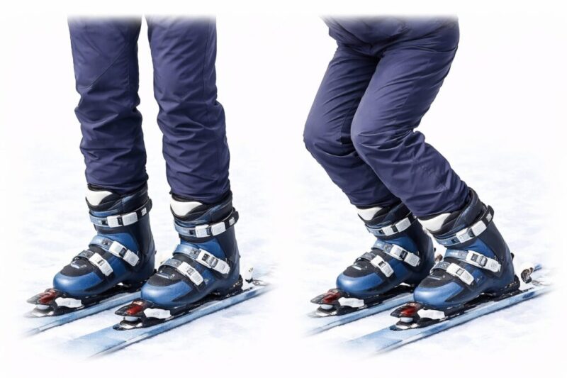 スキーブーツに延長パーツを付けた後のフィット感を立位と前傾で確認している様子