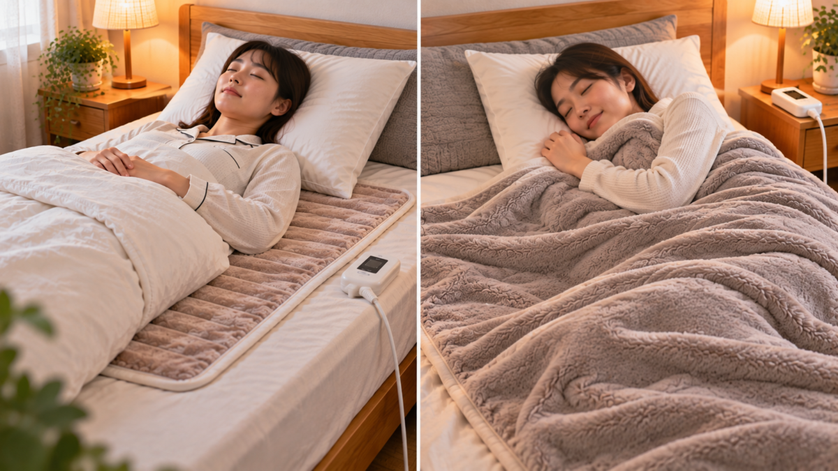 電気毛布を身体の下に敷く使い方と身体の上に掛ける使い方の比較