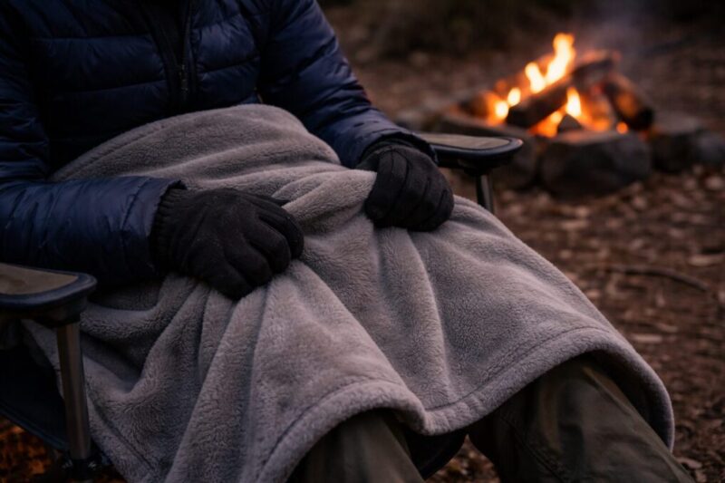 焚き火のそばで膝掛けを使い寒さ対策している手元の様子