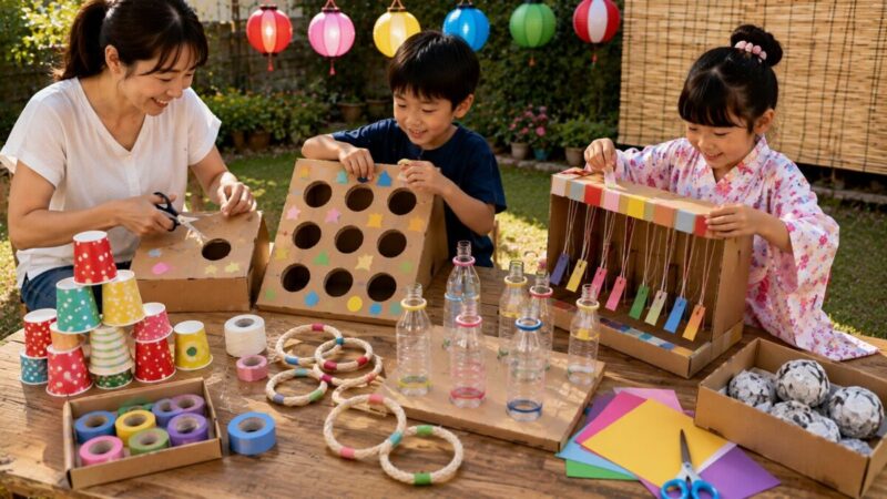 段ボールや紙コップ、ペットボトルを使って縁日ゲームを手作りする親子
