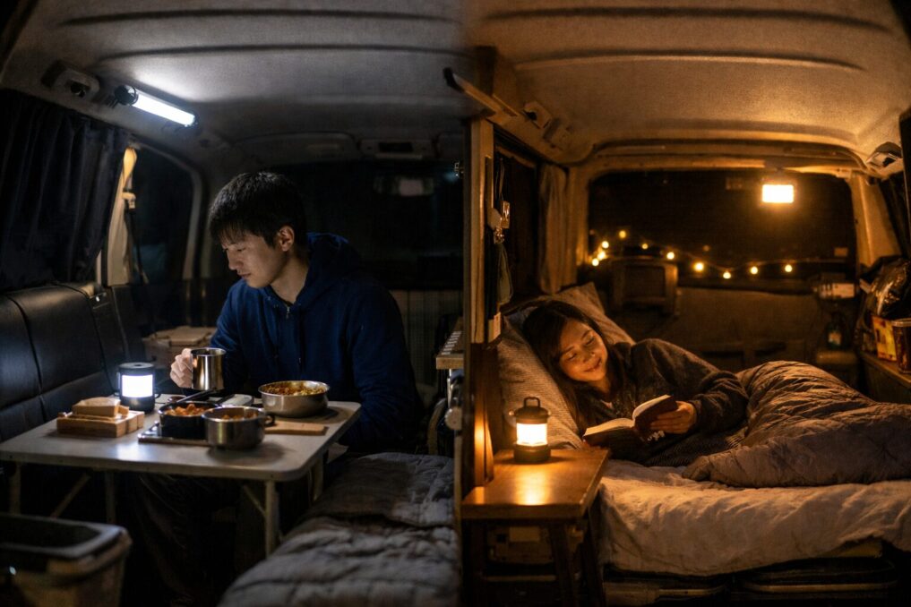：車中泊の車内で100均ライトを使い分けながら夜を快適に過ごす様子