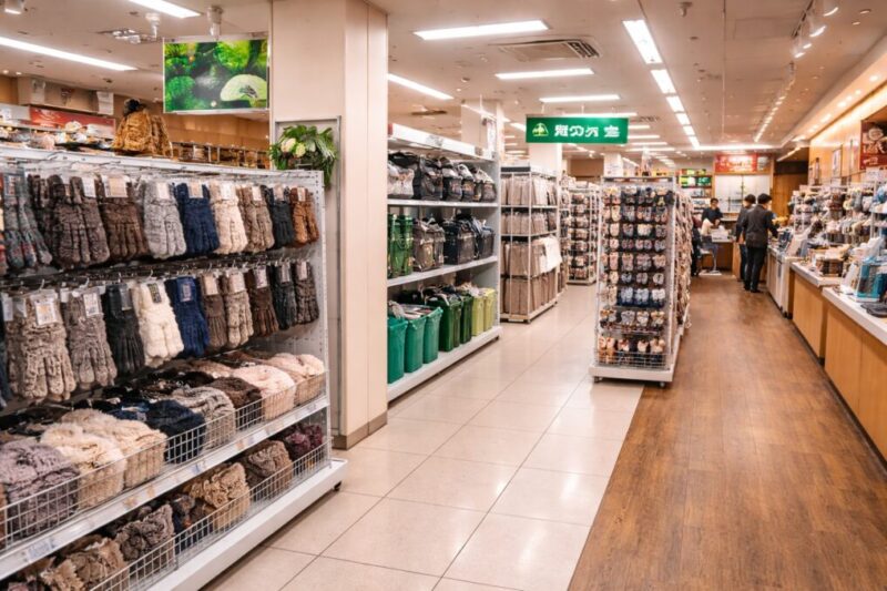 店内の通路から冬小物棚とレジ付近が見渡せて、売り場を探す流れがイメージできる様子。