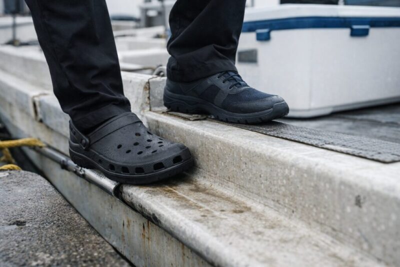 船釣りでクロッグ型と閉じたシューズの向き不向きを比較する足元