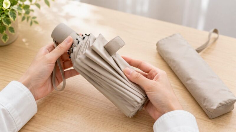 折り目に沿って折りたたみ日傘を整えている手元