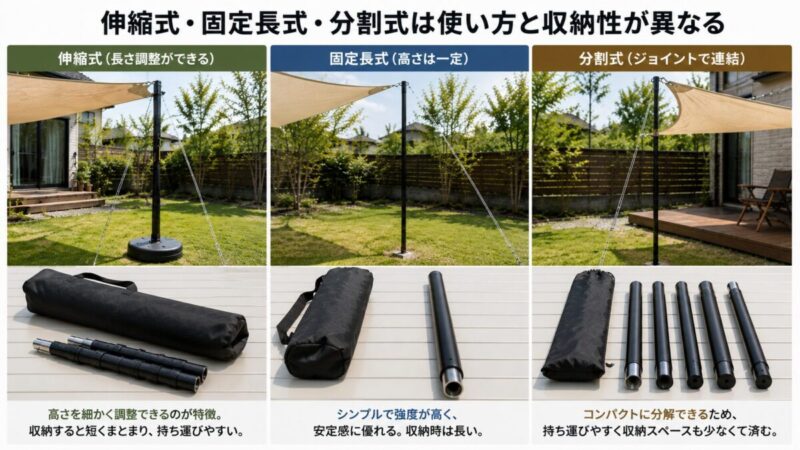 伸縮式と固定長式と分割式の日除けシェード用ポールの使い方と収納性の比較