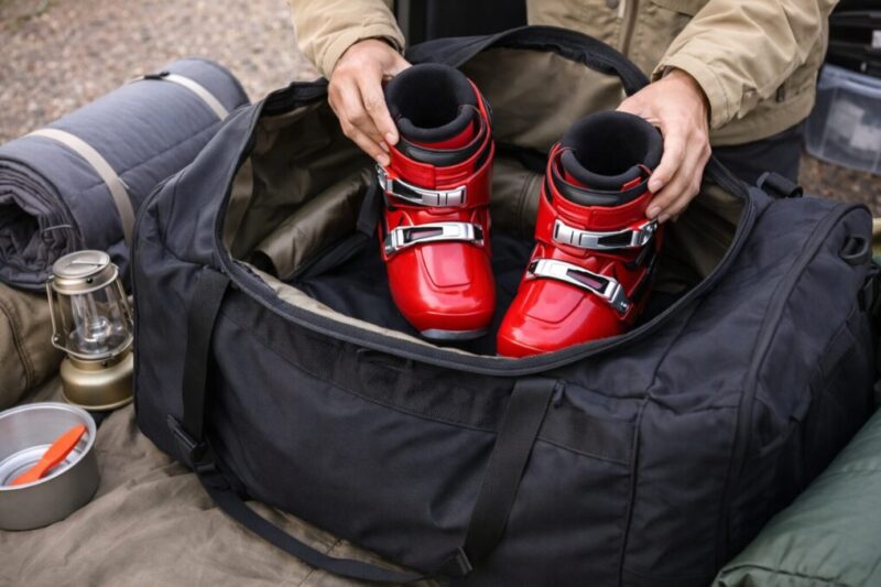 汎用アウトドアバッグにスキーブーツを収納するイメージ