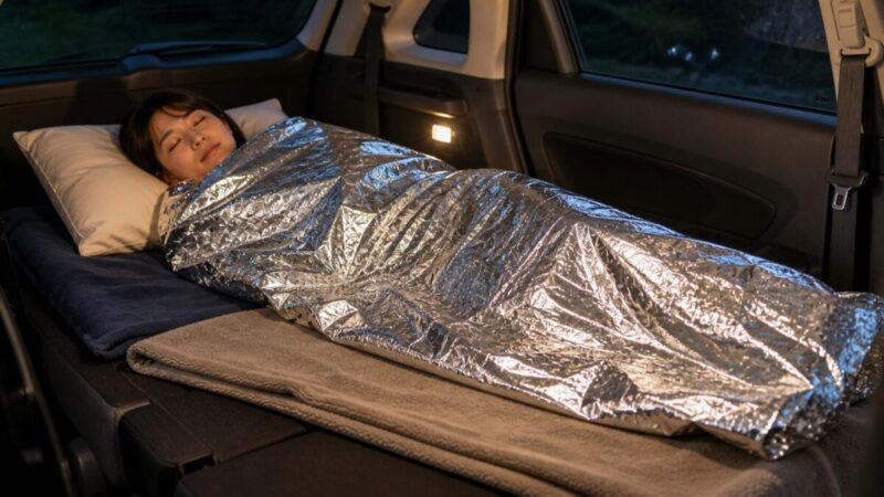 車中泊でアルミシートと寝具を使って夜の冷えを防ぐ様子
