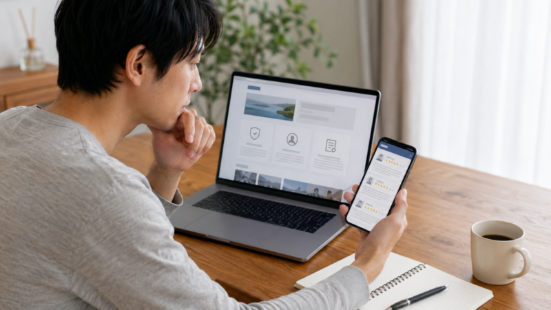 ノートPCで運営情報を確認しながらスマートフォンで利用者口コミを比較する男性