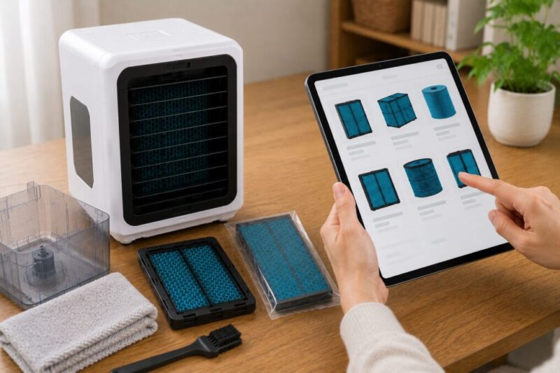 小型冷風扇の交換フィルターを用意し、タブレットで対応品を確認している様子。