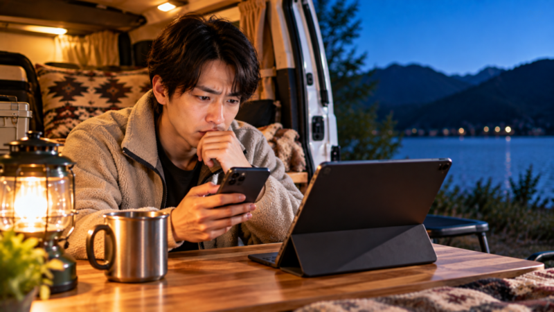 車中泊中にスマホとタブレットで動画サービスのログイン状態を確認する男性