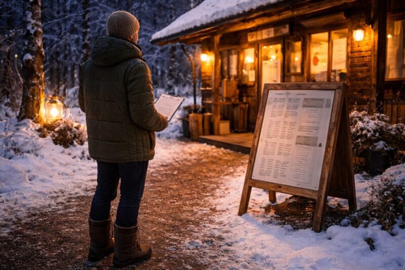 キャンプ場の案内板を確認しながら、ルールを守って安全に過ごす準備をしている様子