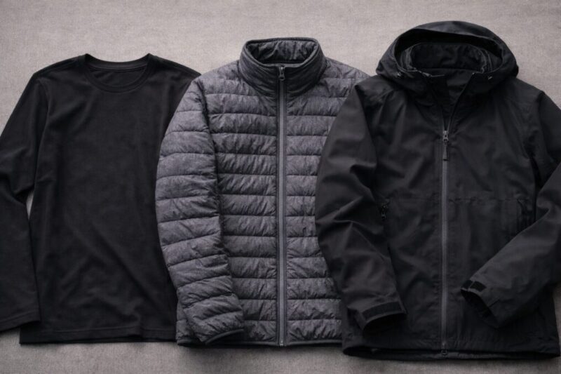 ベース・ミドル・シェルの順に重ね着を組んで、寒さと風に対応するイメージ