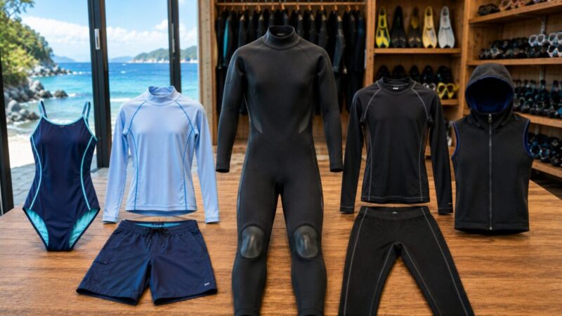 暖かい時期の水着とラッシュガード、寒い時期の保温インナーとフードベストを比較したウェットスーツ装備