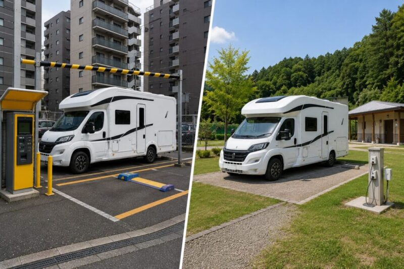 都市部の駐車場と自然のあるRVパークに停まるキャンピングカーを比較した様子