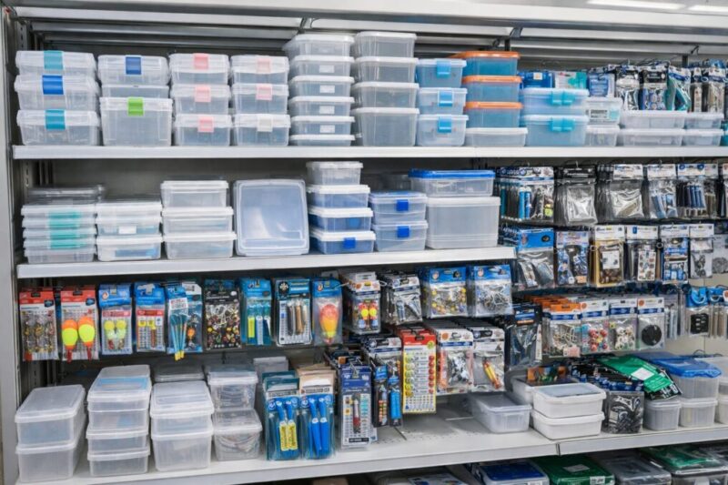 小物収納ケースや保存容器が並ぶ売り場で釣り餌箱の代用品を探すイメージ