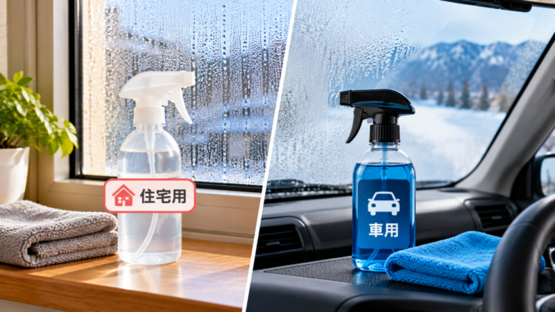 住宅用と車用の結露・曇り対策スプレーを窓ガラス別に比較した画像