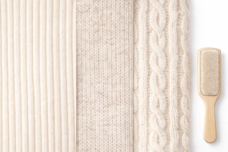 ニットの編み地違いと毛玉対策を示すアームウォーマー素材比較