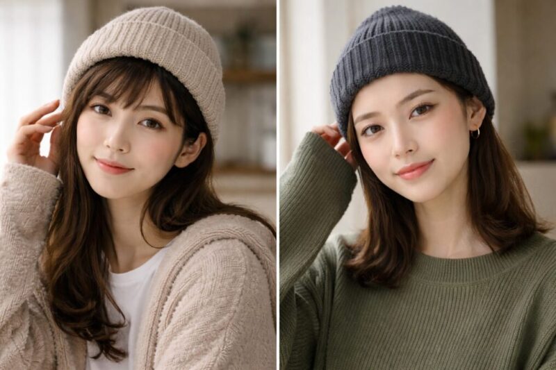 ニット帽をかぶった女性の前髪あり・前髪なしの印象の違いが分かる並び写真