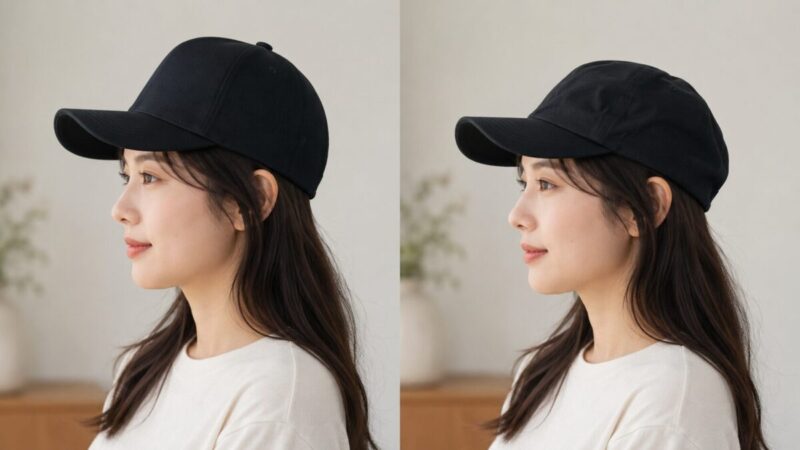 ハードタイプとソフトタイプの黒いキャップを同じ女性の横顔で比較した様子
