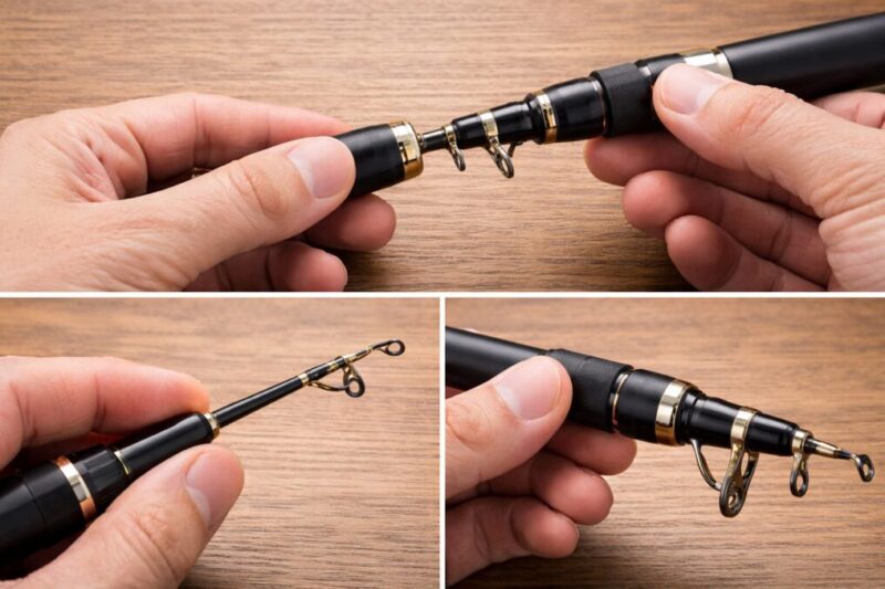 ペン型ロッドの継ぎ目や穂先、ガイド周辺を確認している耐久チェックの様子