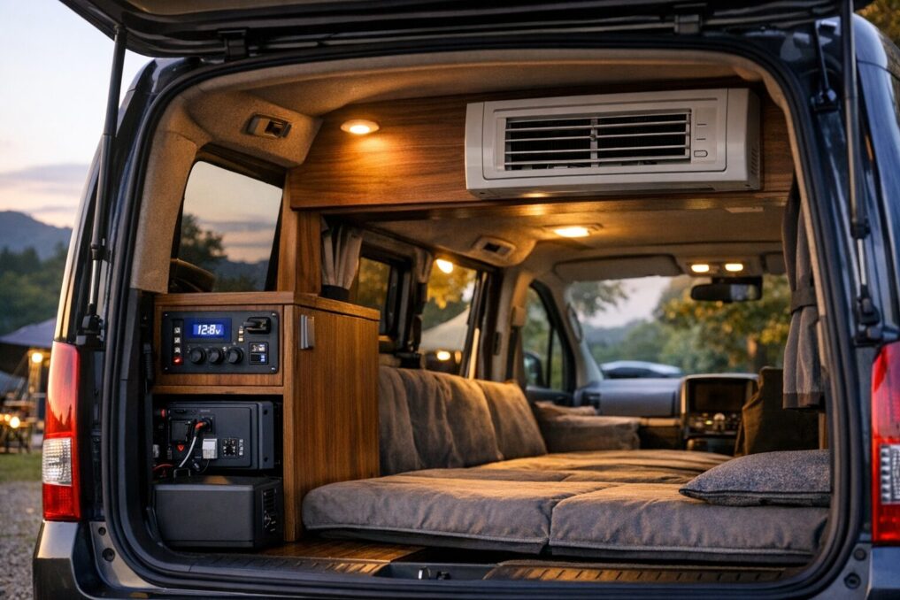 夏の車中泊でサブバッテリーとエアコンを使うイメージの車内レイアウト