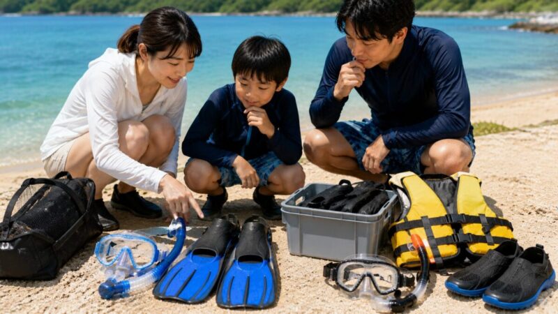 購入品とレンタル用品、安全装備を海辺で比較する家族